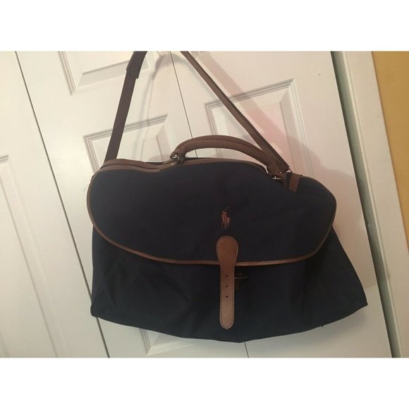 Polo Ralph Lauren Duffel Bag Large Canvas Blue Brown Carry On Overnight … - Picture 5 of 10